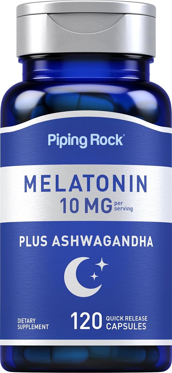 Piping Rock Melatonina 10 mg | 120 cápsulas de liberación rápida | con Ashwagandha | Suplemento sin OGM y sin gluten