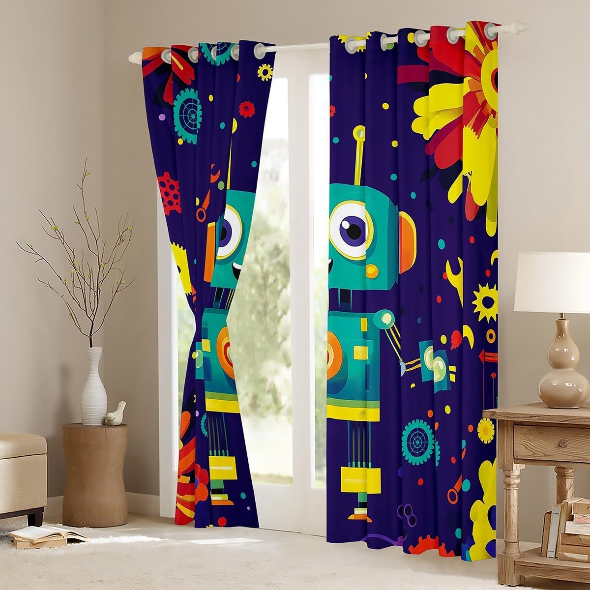 Manfei Kawaii Robot Kids Blackout Curtain,Modern Cartoon Toys Window Drapes for Boys Girls,Watercolor Intelligent Equipments Tools Green Blue Window Treatments Grommet Top 2 Panel Set,52Wx63L inch
