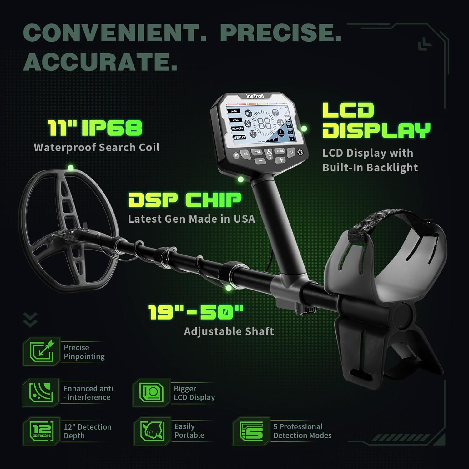InkTrail Metal Detector for Adults Professional, Pinpoint Metal Detectors with 11" Waterproof Search Coil for Gold&Silver, Higher Accuracy, Bigger LCD Display, 5 Modes,New Advanced DSP Chip