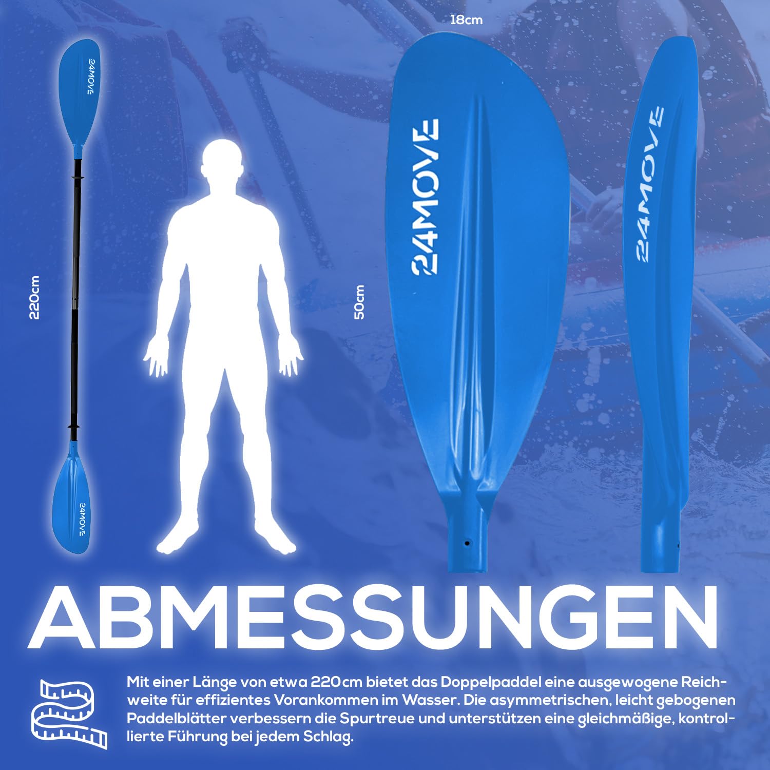 24MOVE® Doppelpaddel LAGO Paddel 220cm Kanupaddel Aluminium, Stand-Up Paddling, Paddel für Kajak, Schlauchboot, verstellbar