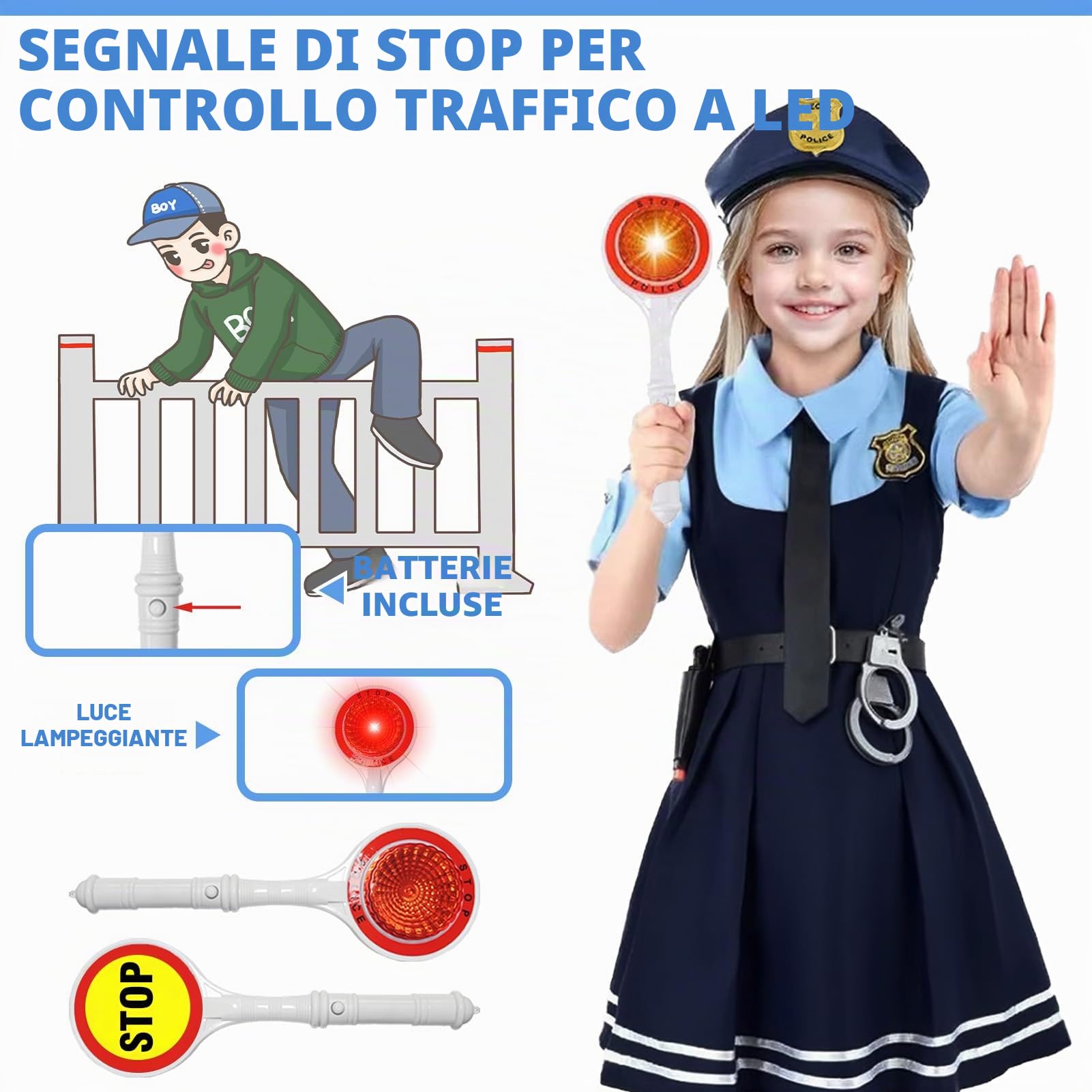 Costume da polizia per bambini e bambine, 14 pezzi, con cappello della polizia, manette, cavezza e fischietto della polizia, giocattolo della polizia per ragazze, Halloween, giocattoli per