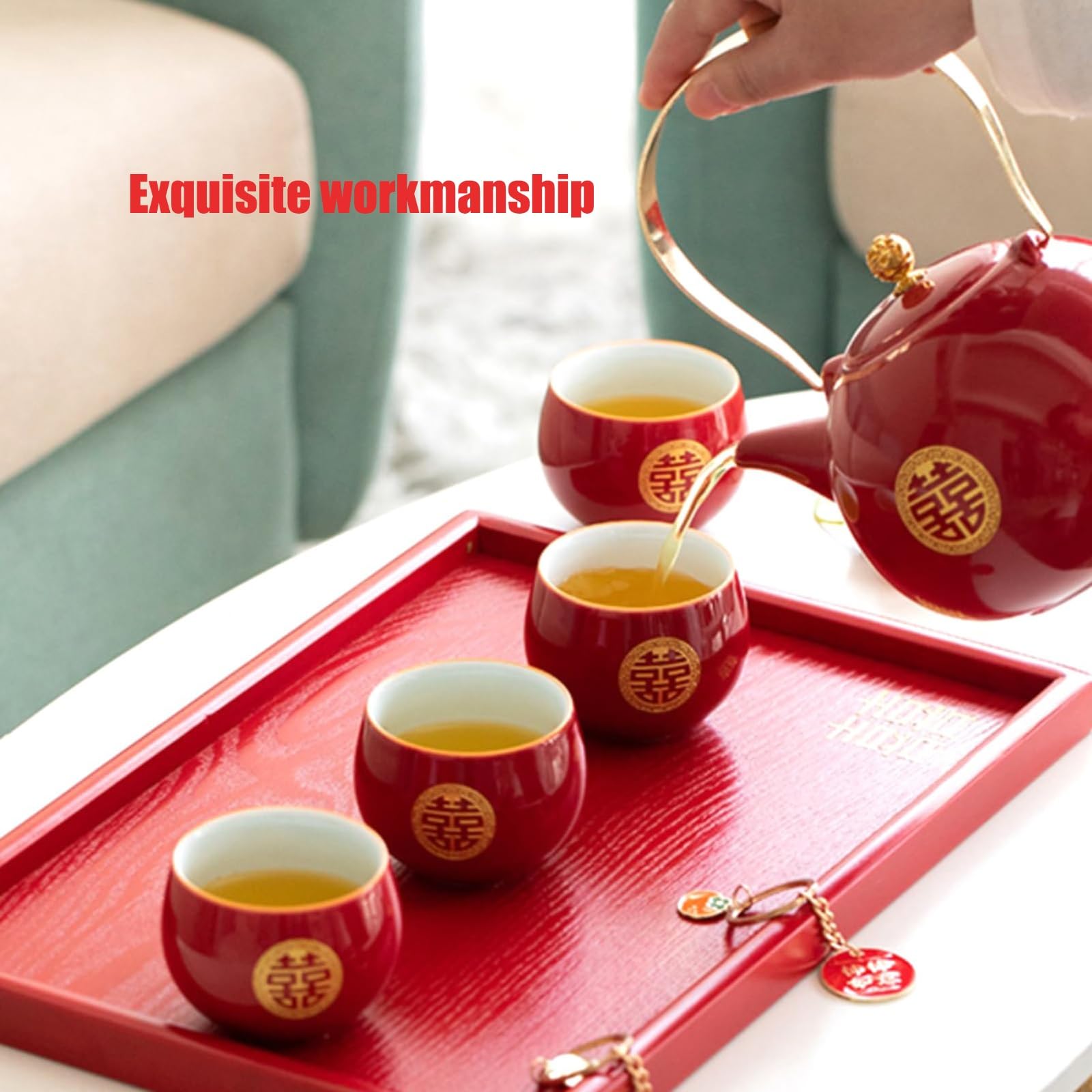 Chiński zestaw do herbaty ślubnej Double Happiness, porcelanowy dzbanek do herbaty z 8 filiżankami, tradycyjna czerwona dekoracja ślubna prezent dla przyjaciół i rodziny