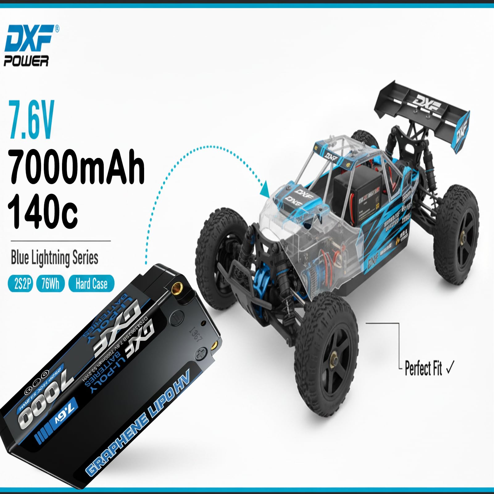 DXF Batería LiPo HV 2S 7.6V 7000mAh 140C con Conector 5mm Bullet a Deans-T para Coches RC 1/8 1/10- Potencia Sin Límites - Pack de 2 Unidades