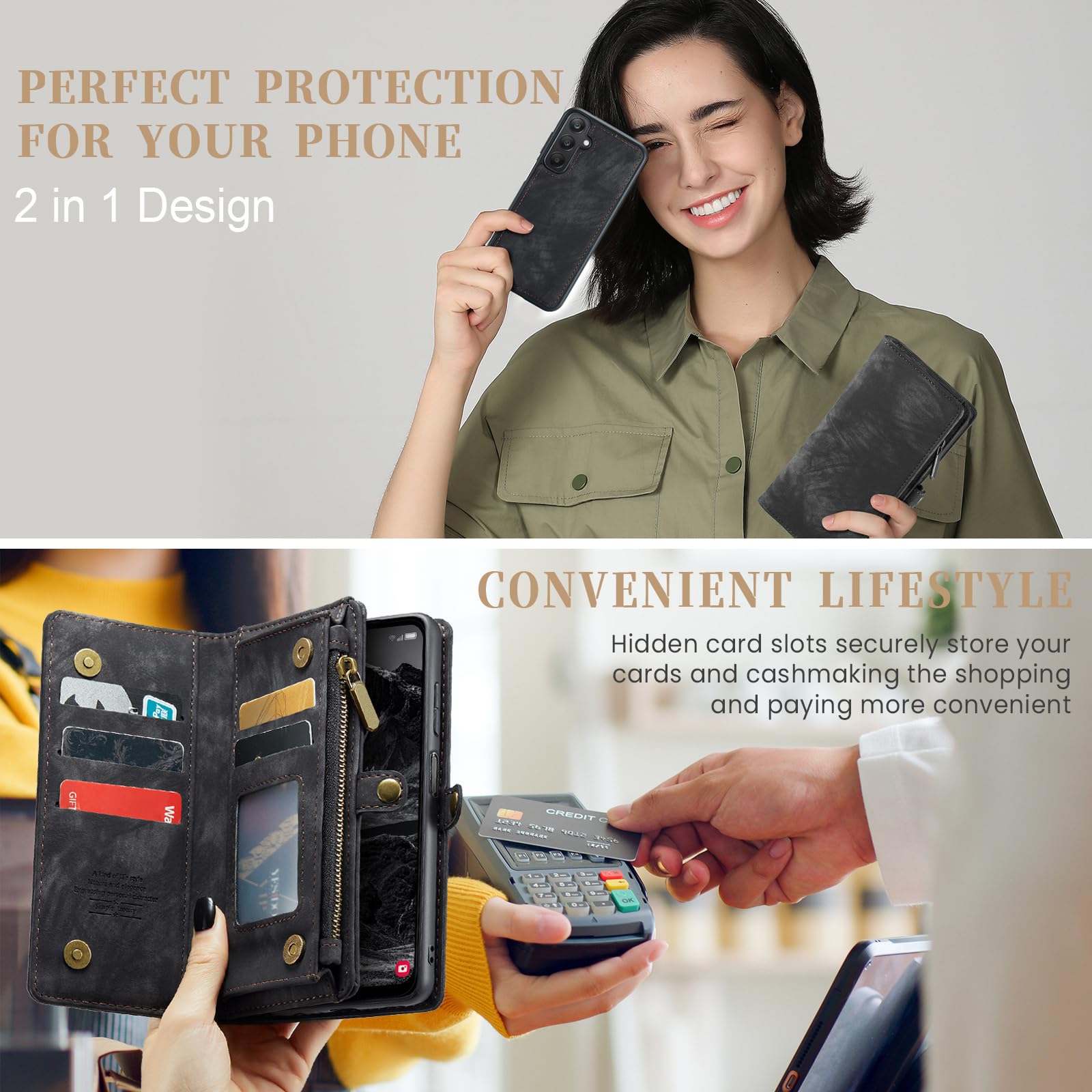 Asuwish Custodia per telefono per Samsung Galaxy A25 5G Portafoglio con cerniera magnetica rimovibile con pellicola protettiva in vetro temperato e porta carte di credito in pelle PU A 25 25A SM-A256U