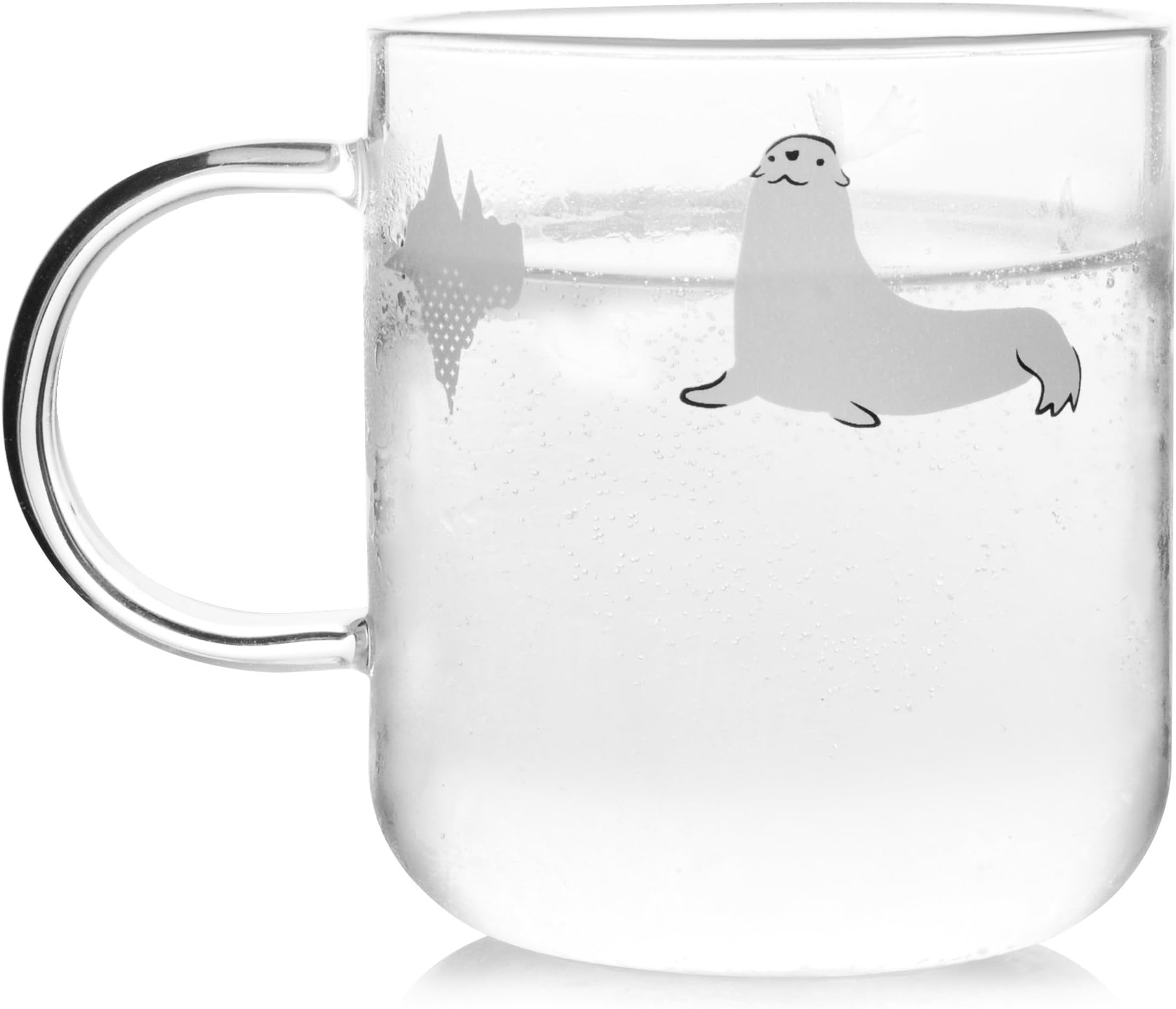 ELITEA Glass Mug with Handle Clear Cute Coffee Mugs Cup with Sea Dogs Print 12.2 oz