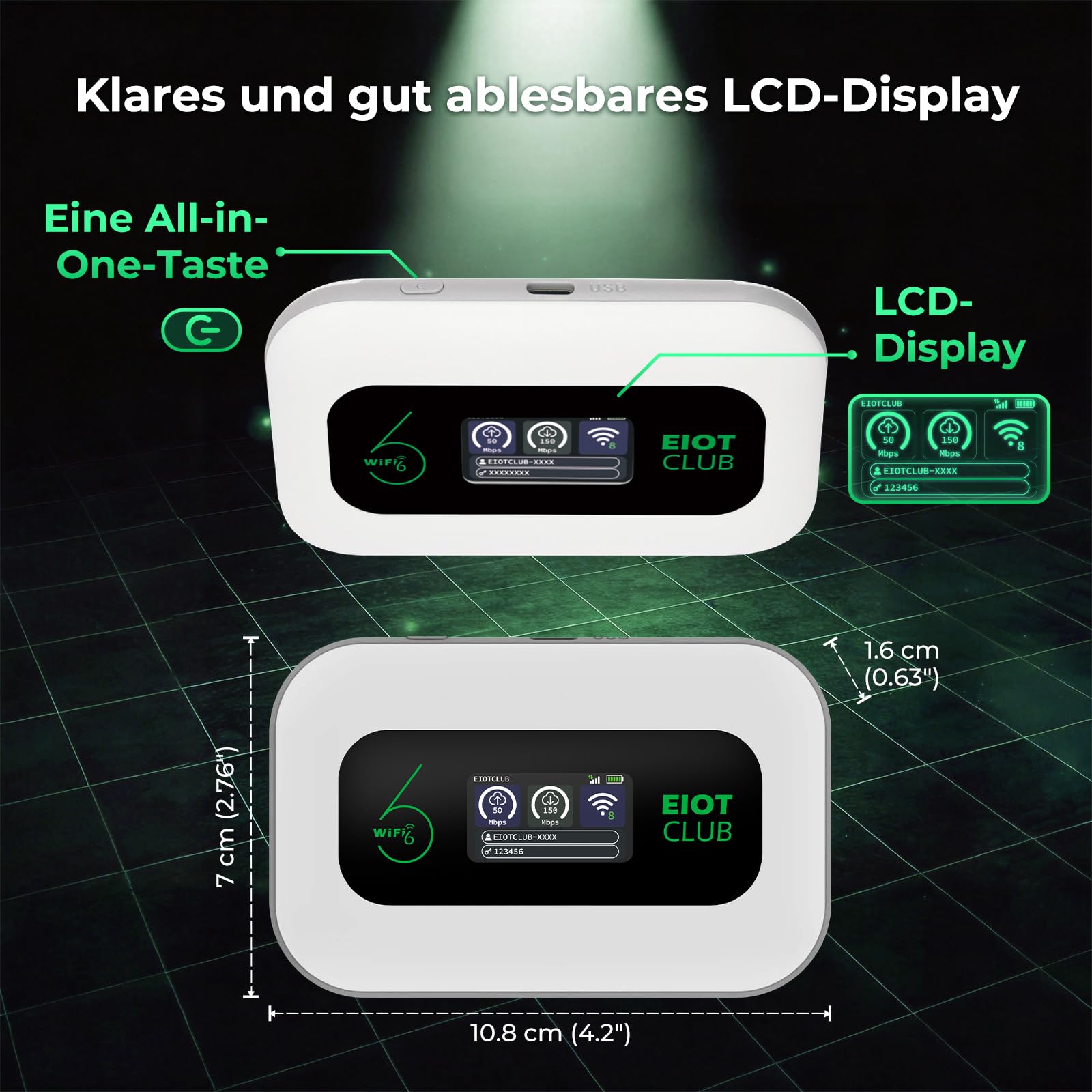 EIOTCLUB Mobiler WLAN Router mit Ohne Vertrag, 4G LTE Tragbarer WiFi Hotspot, 3000 mAh Akku, Bis zu 32 Geräte, Eingebauter SIM Karte, Ideal für Reisen, Camping & Unterwegs – Nur für Europa geeignet