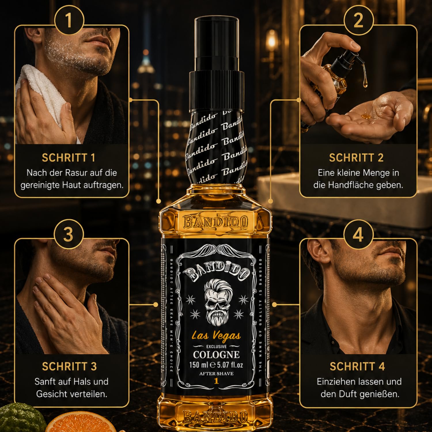 Bandido Eau de Cologne męska woda zapachowa po goleniu woda do golenia dla mężczyzn, odświeża, chłodzi, długotrwały zapach, zapobiega oparzeniom po goleniu i pielęgnacji po goleniu (Las Vegas 150 ml)
