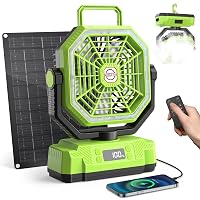 Ventilatore Campeggio Solare con Pannello solare da 10 W,Batteria da 20000 mAh,Display digitale,Scuotendo la testa,Telecomando,Luce LED,Temporizzatore,Gancio,Ventilatore