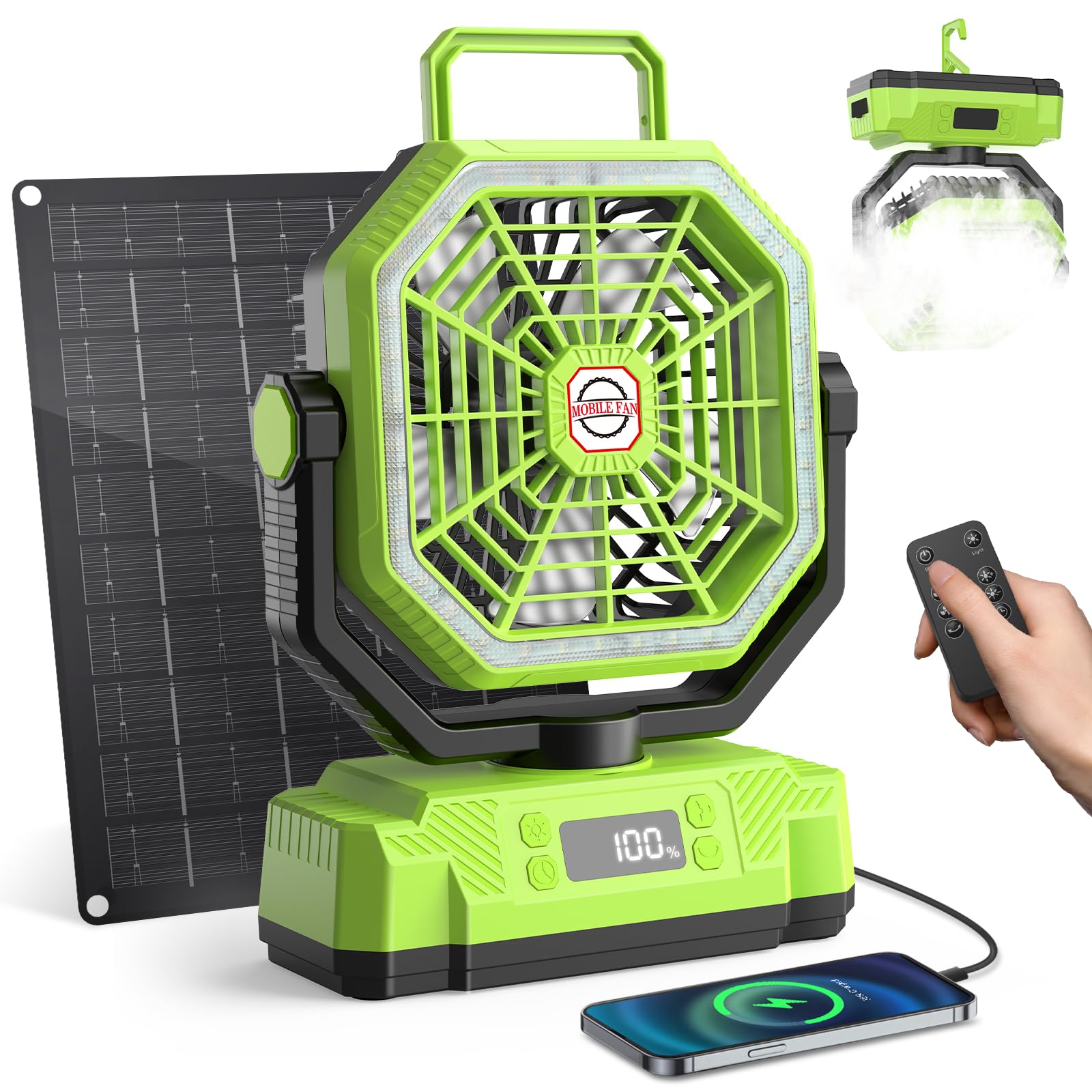 Ventilador Camping con Panel solar de 10 W, Pantalla Digital,Batería de 20000 mAh,Oscilación 270°,Control Remoto,Temporizador, luz LED,Gancho,Ventilador USB Portatil para Exterior y Hogar (Verde)