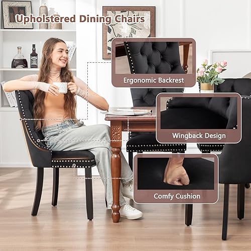 Miniatura 5 de Juego de 4 sillas de comedor de terciopelo, sillas de comedor tapizadas con ribete de anillo de clavo, sillas con respaldo de alas copetudas con