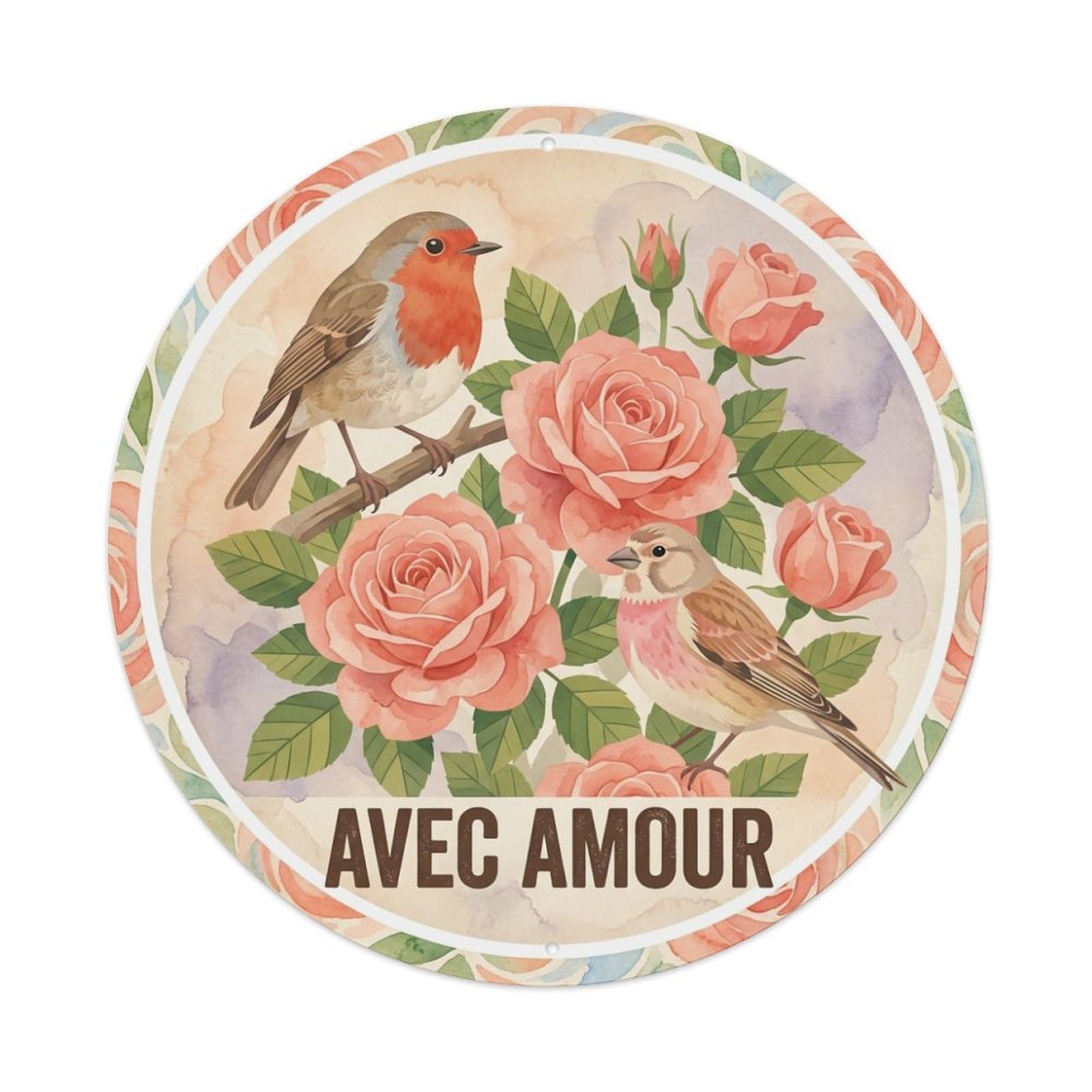 China Rose Watercolor Bird Slogan Avec Amour Metal Tin Sign
