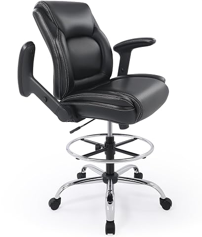 Ergonomic Mid-Back Faux Leather Drafting Chair with Adjustable Arms and Foot Rin
