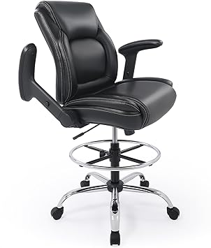 Ergonomic Mid-Back Premium Faux Leather Adjustable Drafting Chair with Multi-Function Arms and Foot Ring, Standing-Desk Matched Tall Swivel Computer Office Stool, Black
