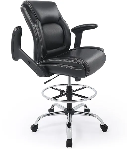 Ergonomic Mid-Back Premium Faux Leather Adjustable Drafting Chair with Multi-Function Arms and Foot Ring, Standing-Desk Matched Tall Swivel Computer Office Stool, Black