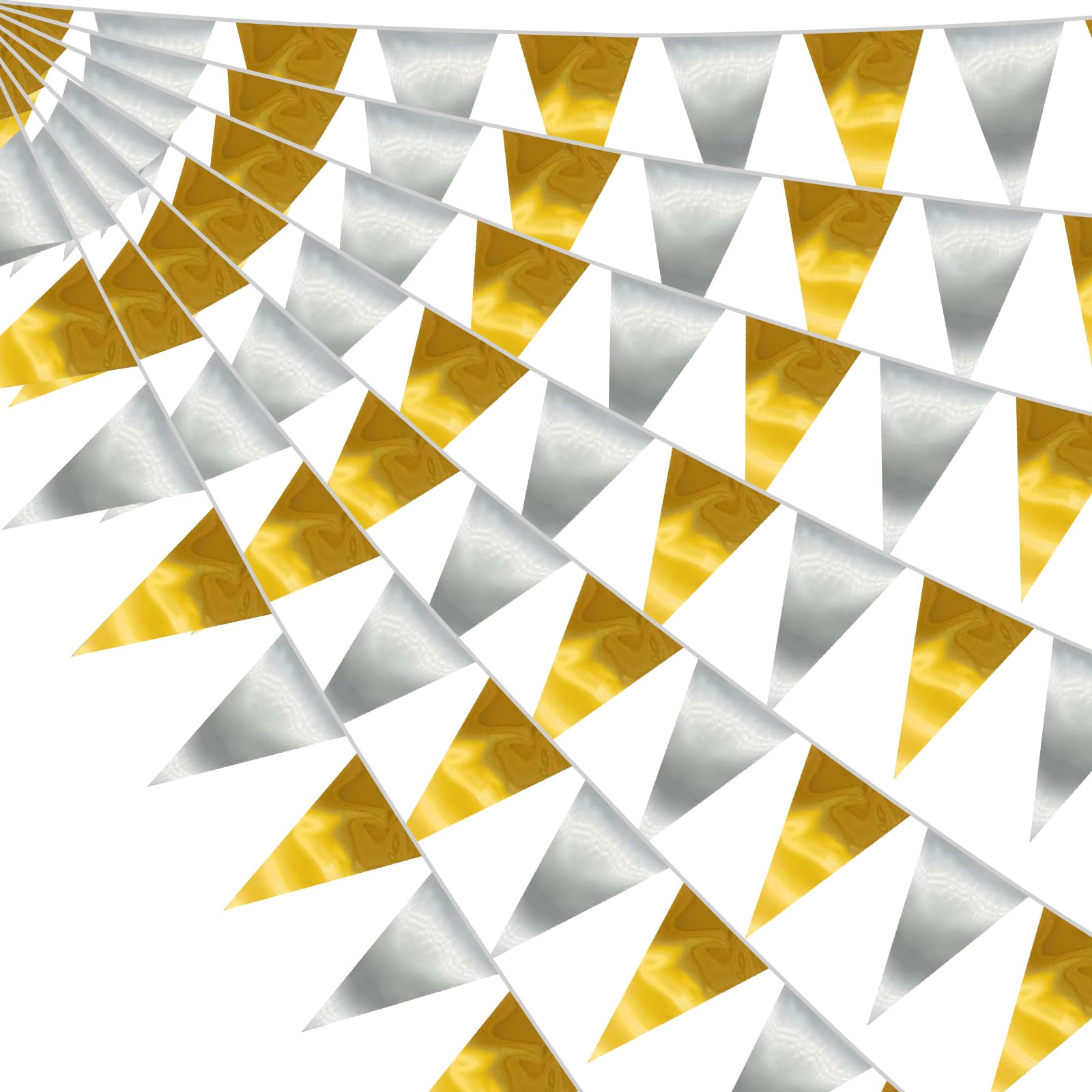 20M/64FT Gold Silver Triangle Pennant Banner Flag Metallic Fabric Bunting Garland for Christmas Wall Hanging,Graduation Decorations, New Years Decorations,Father' Da
