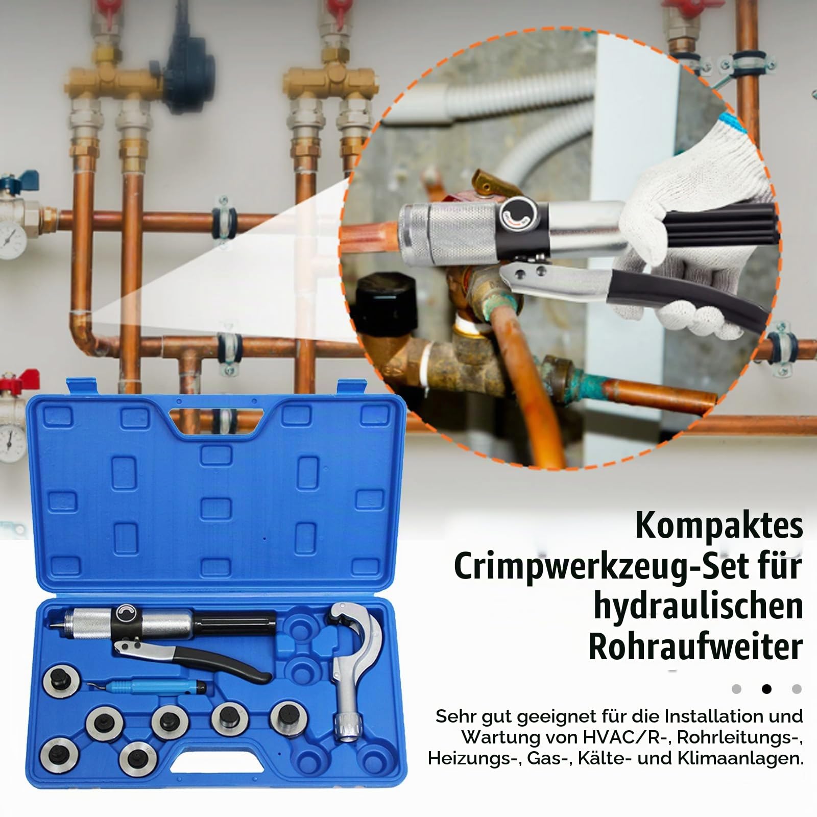 Hydraulischer Rohraufweiter, Hydraulisches Rohrpresswerkzeugset Mit Rohrschneider Entgratungswerkzeug Und 7 AufweiterköPfen Für 3/8 Bis 1-1/8 Zoll Kupferrohre Hvac-Aufweiterwerkzeuge (3/8“~1-1/8“)