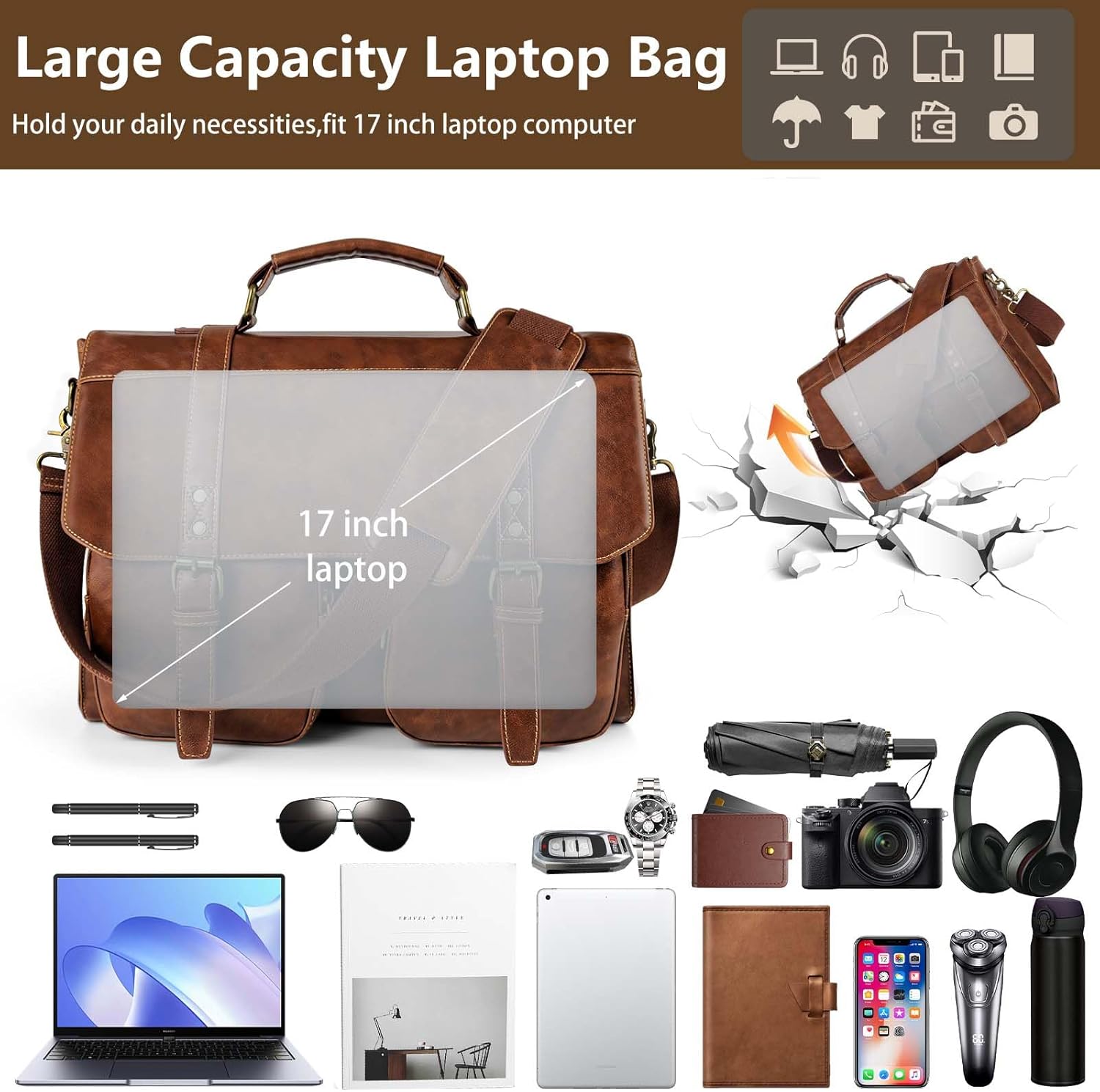 Wogarl Messenger Bag for Men 15.7 inch: Vintage PU Leather Briefcase Large Computer Laptop Bag for Office Business - Image 8