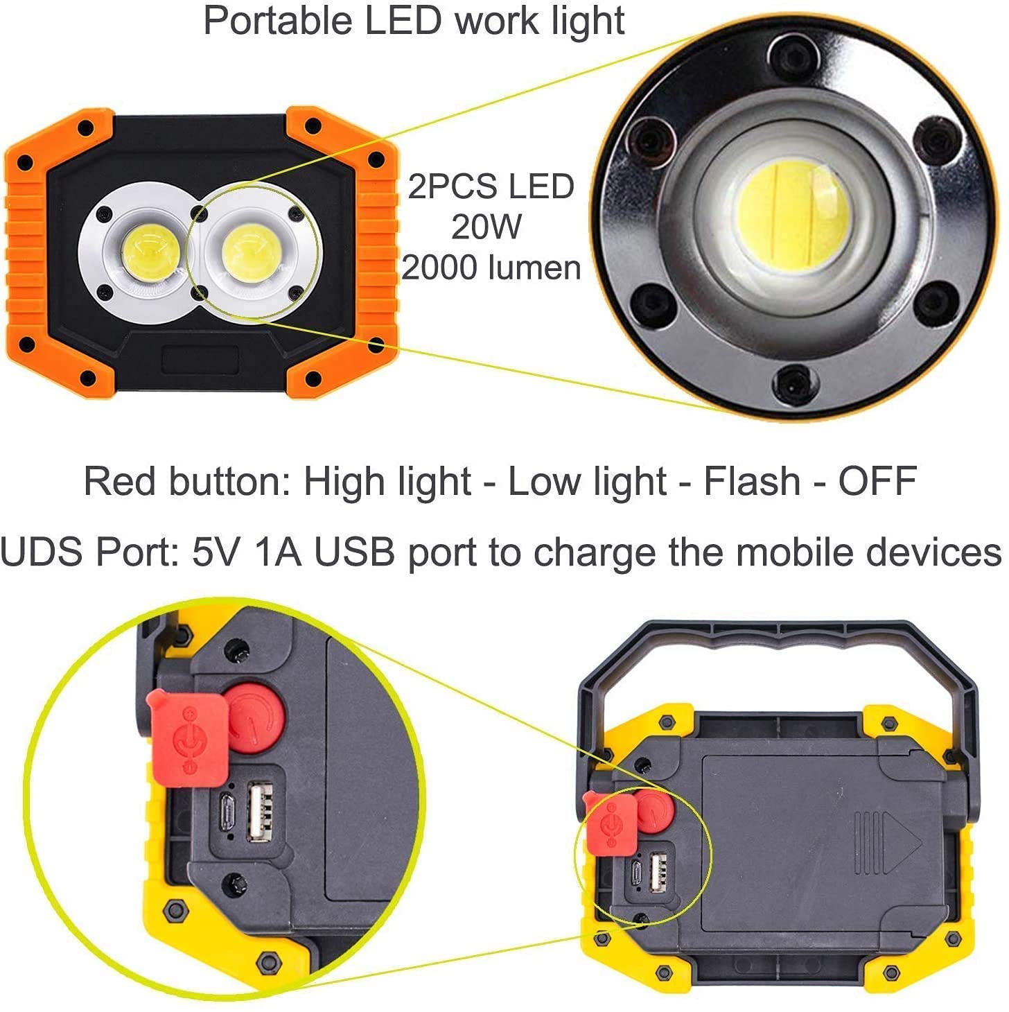 Proiettore Ricaricabile da Esterno, 30W LED Ricaricabile Lampada da Lavoro Proiettore da Esterno Luci da Campeggio con USB Impermeabile per Campeggio all'aperto Viaggi Pesca Luci di Sicurezza