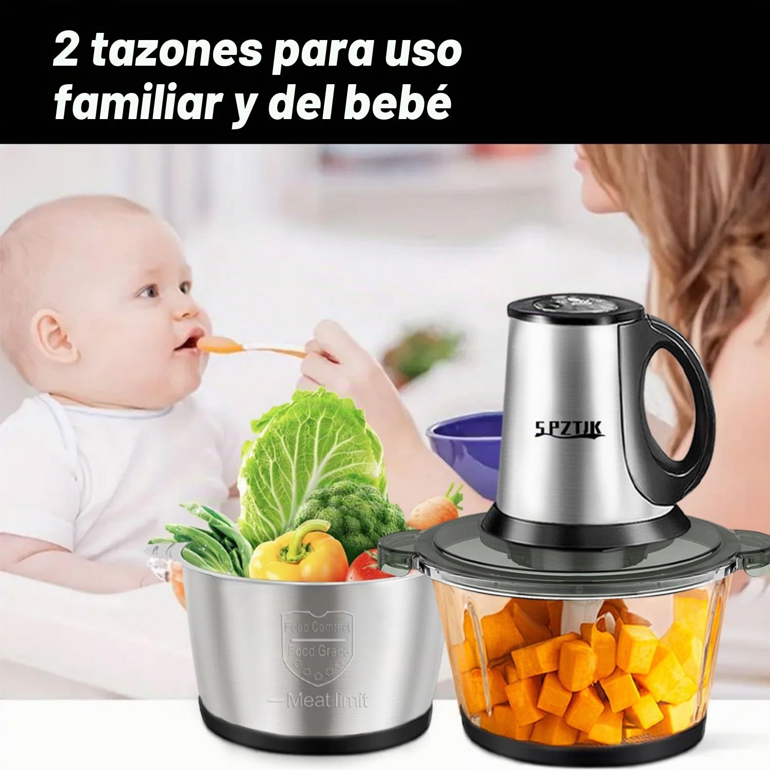 SPZTJK Procesador eléctrico de alimentos de 3 velocidades: picadora de carne, picadora de verduras y fabricante de alimentos para bebés, 300 W, 2 cuencos (8 tazas de acero inoxidable + 8 tazas de