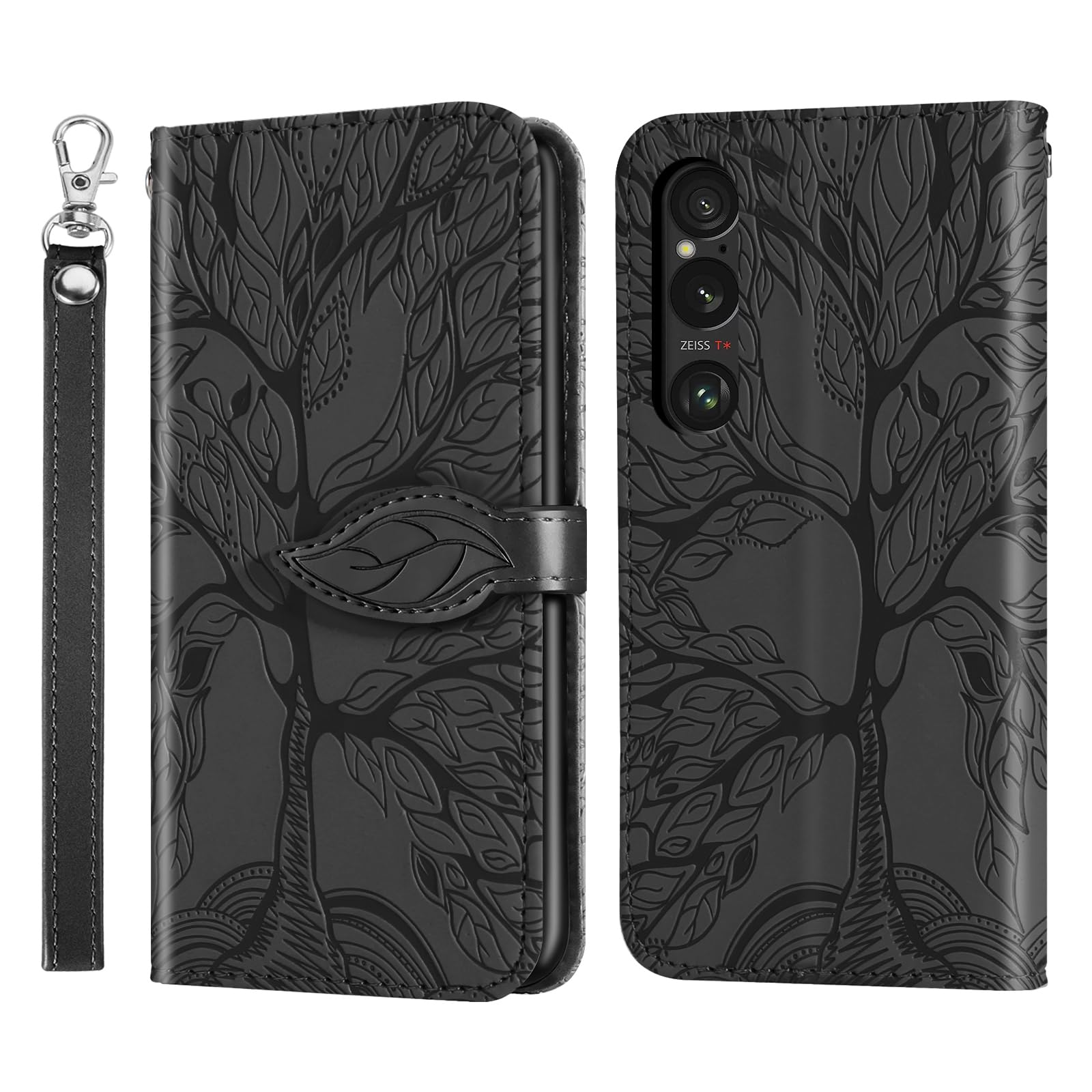 Sony Xperia 1 VI Case Embossed Tree PU Leather Case Pixel 8a Magnetic Closure Wallet Flip Case Cover for Sony Xperia 1 VI 2024 Black
