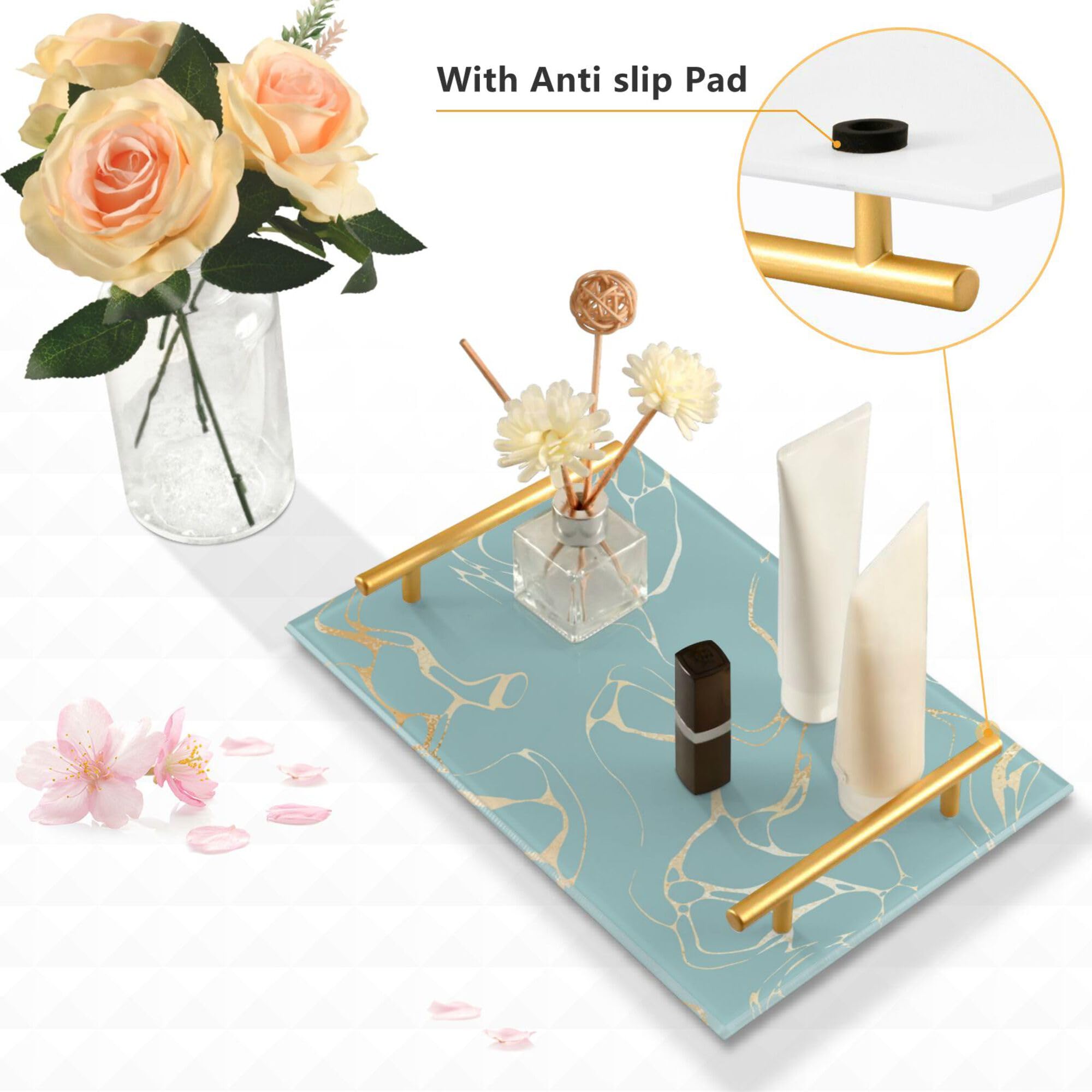 Turkusowa marmurowa taca z uchwytami - Lar taca do serwowania na zewnątrz na kanapę biżuteria perfumy i kolacja - Slish Home Decor Accessory