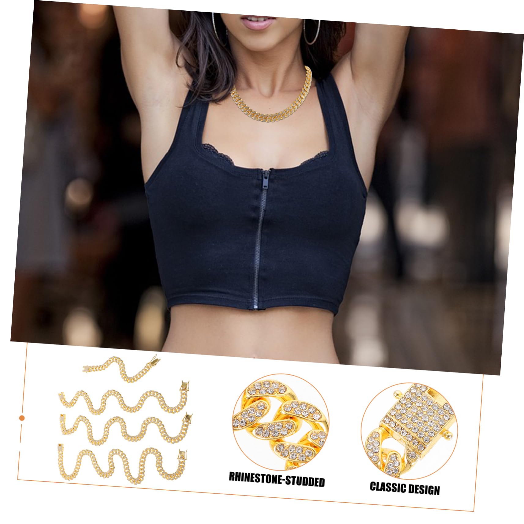 SHINEOFI 4pezzi Collana Maglie Cubane Zinzo Strass Bracciale Catena in Accessorio Hip-hop Regalo Di Gioielli Per Uomo e Donna