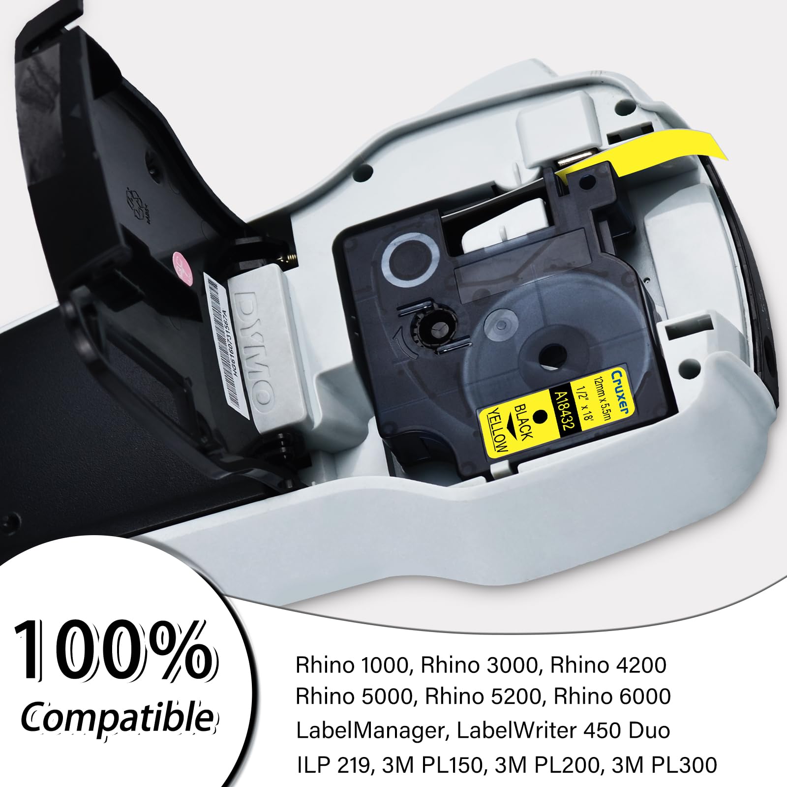 Cruxer Paquete de 30 cintas de etiquetas de vinilo compatibles con Dymo IND 18432 S0718450 A18432, negro sobre amarillo, 12 mm x 5,5 m, repuesto para Dymo Rhino 1000 4200 6000 LabelWriter 450 Duo ILP