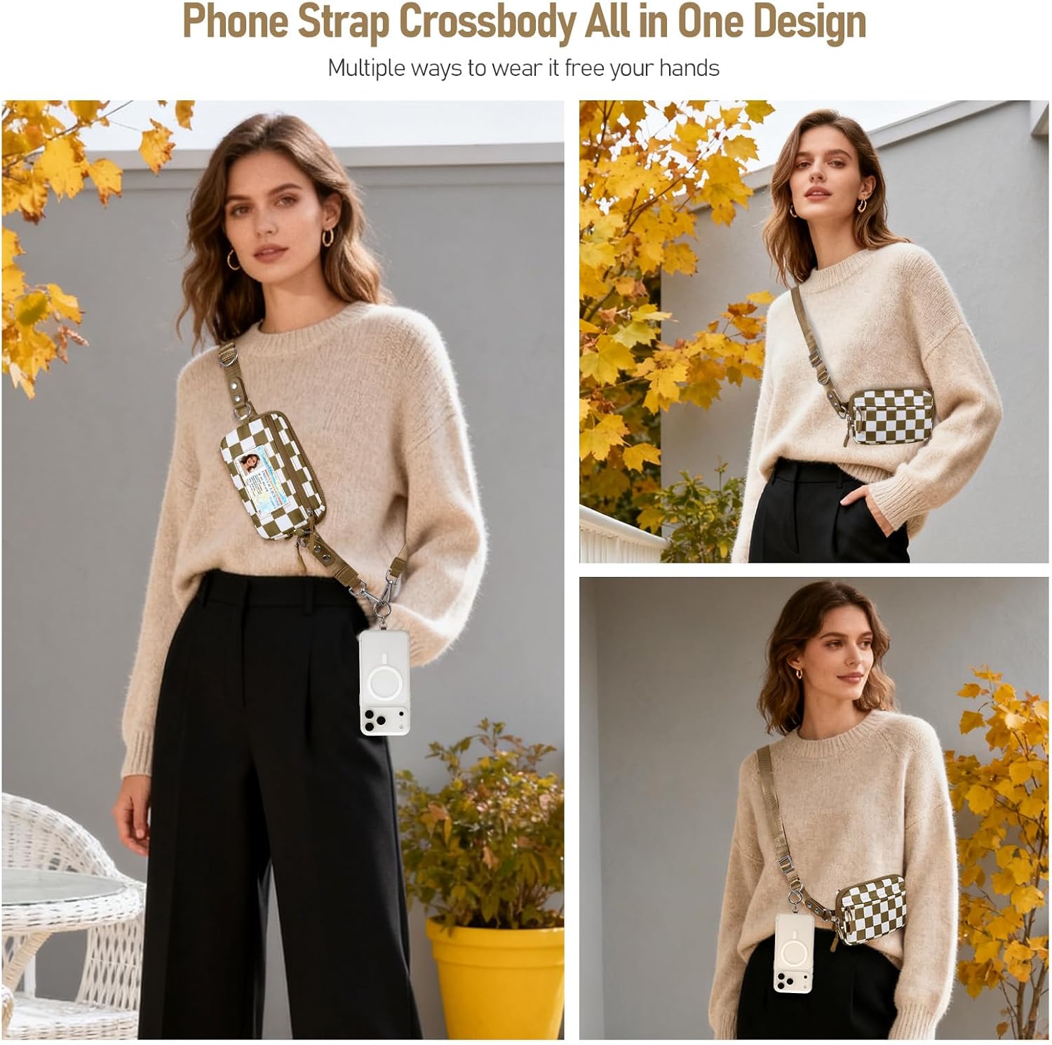 Clip and Go Strap for Phone with Wallet Crossbody Phone Lanyard and Detachable Checkered Bag with ID Window and RFID Pouch for Daily Travel. - Image 4