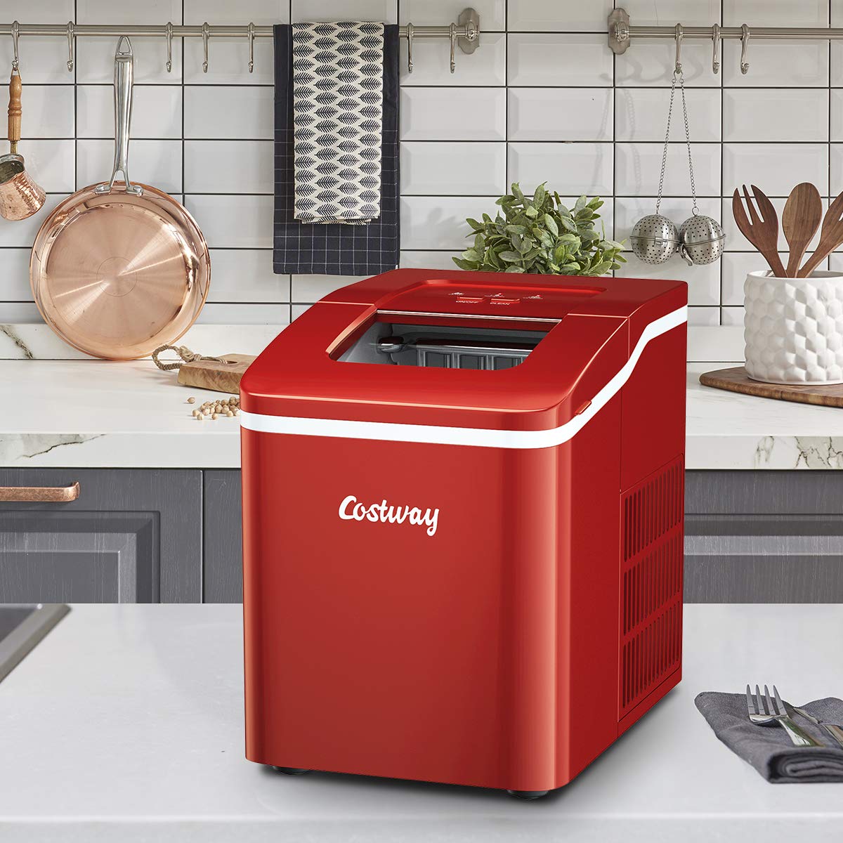 COSTWAY Countertop Ice Maker, 26lbs/24h Portable Ice Machine With Self-Cleaning Function, Bullet Ice Cubes Ready In 8 Mins, Scoop And Removable Basket,Ice Maker For Home Party Bar, Red on Fridge.com - View 2