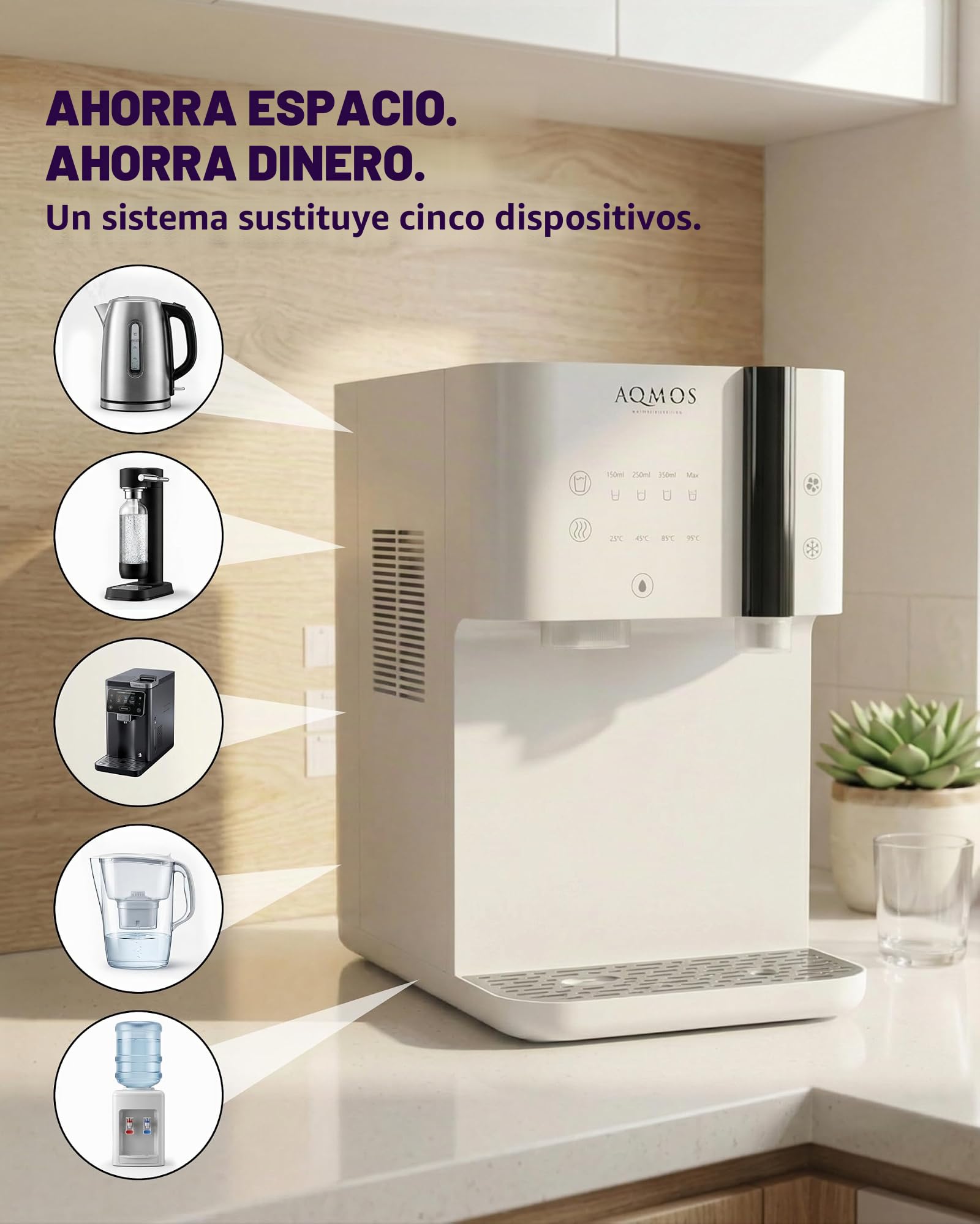 Dispensador de Agua Aqmos Drinking Blanco – Sistema Premium Todo en uno con Agua con Gas y sin Gas, Caliente y fría (5–95 °C), ósmosis inversa integrada, Control táctil, para Cocina y Oficina