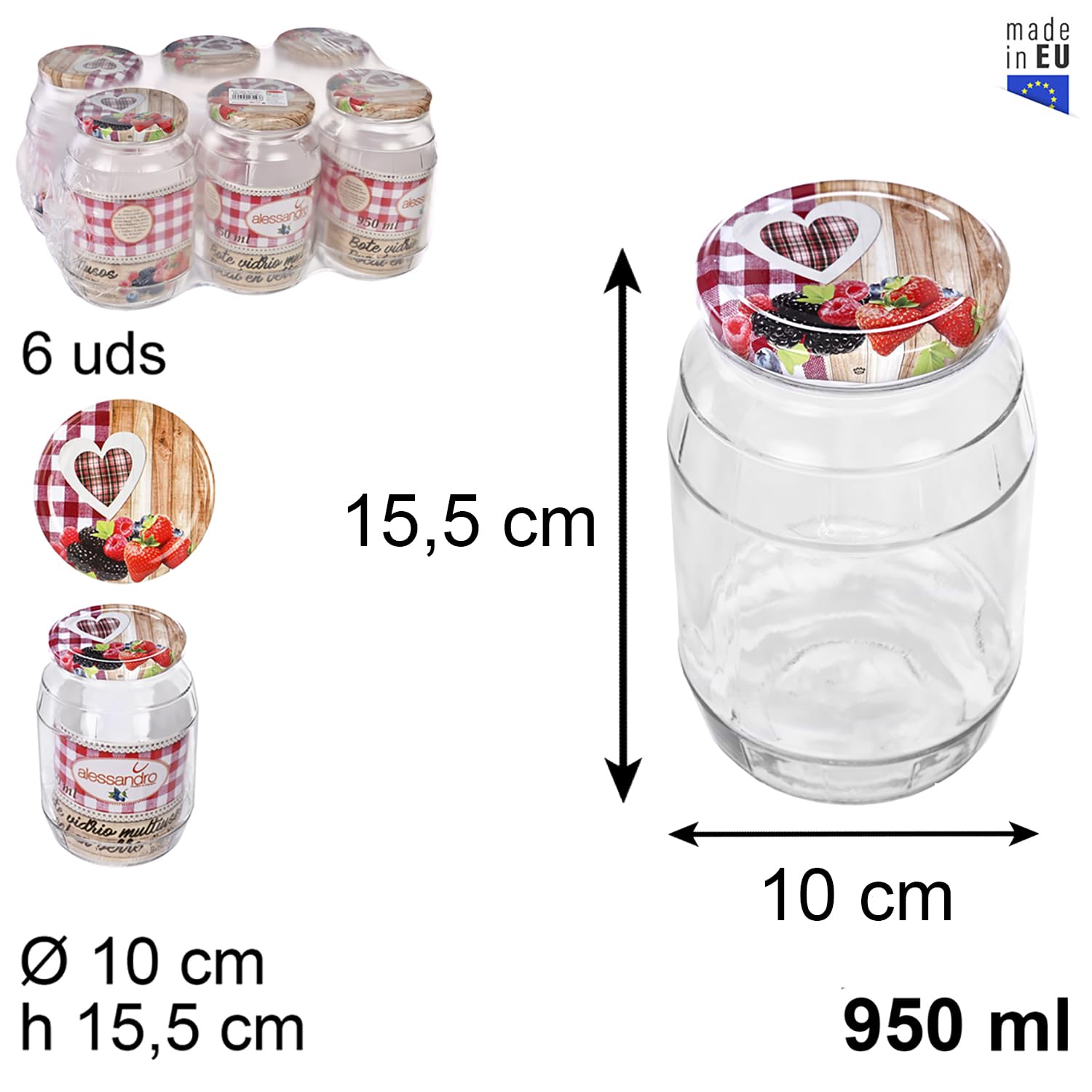 TWO TIGERS Tarro de Cristal 950ml con Tapa. Pack 6 Unidades. Frascos con Tapa de Frutas. Bote Cocina, Legumbres, Hostelería, Cafeterías, Bares, Restaurantes. Cierre Hermético (950ml 6uds)