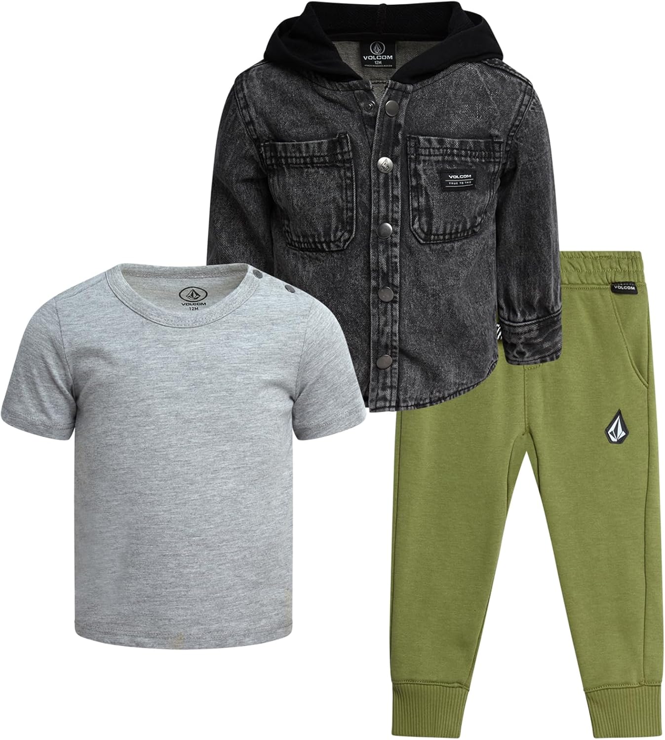 Volcom Baby Boys Pants Set - 3 Piece Sherpa Lined Soft Fleece Shacket Short Sleeve Graphic Tee & French Terry Jogger Pants