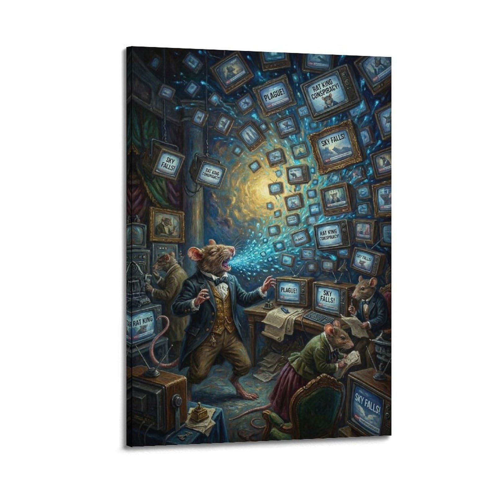 XKUGA Surreal Vintage Animal Poster Rat Screen Overload Satire Modern Decorative Canvas Prints - Ideal Wall Art for Family, Man Cave, Game Room, Boys & Girls Bedroom 24x36inch(60x90cm)