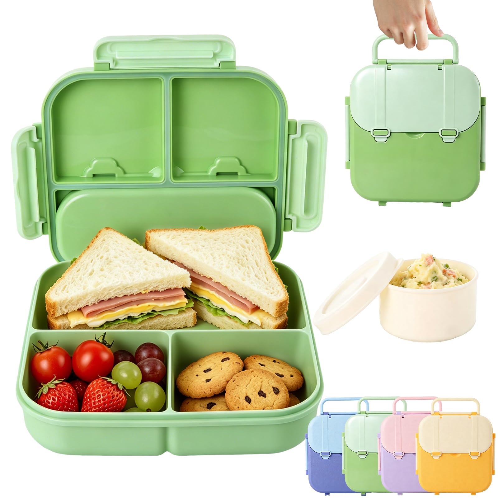 Lychico Bento Lunch Box for Kids, 1400ml Leakproof Lunch Box with Sauce Pot, Portable Snack Box with Handle, Microwave & Dishwasher Safe Food Storage Container for School Travel Office