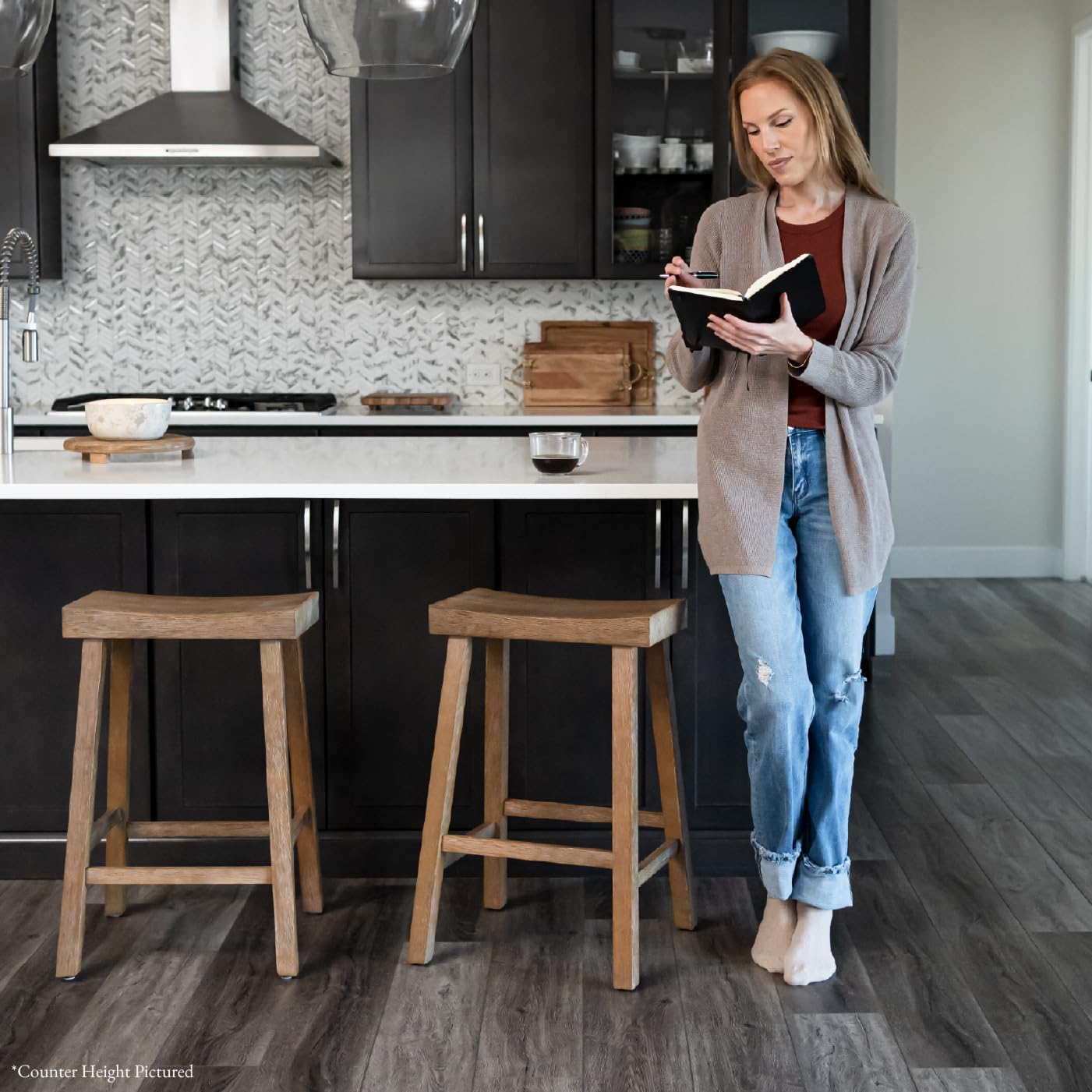 Maven Lane Vincent Bar Stool – 31 Inches – Rectangular Stool with Footrest – Natural Solid Wood – Space-Saving Design for Breakfast Bars & Tall Counters