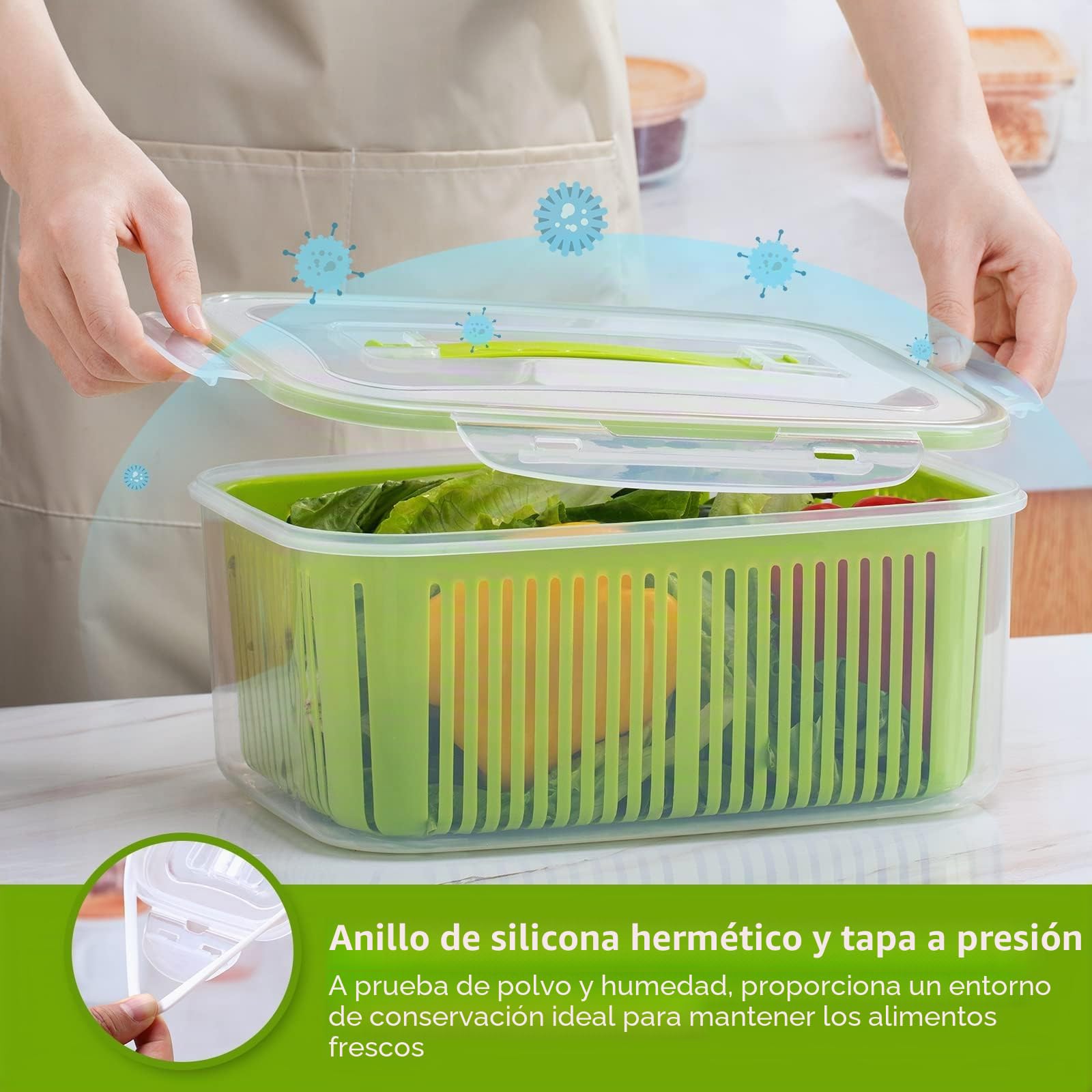 Luxear Juego de 5 Recipientes de Alimentos Nevera con Colador y Tapa, Verde | Recipientes de Almacenamiento Fresco, Contenedor de Plástico sin BPA para Ensalada Verduras Frutas Queso, Lavavajillas