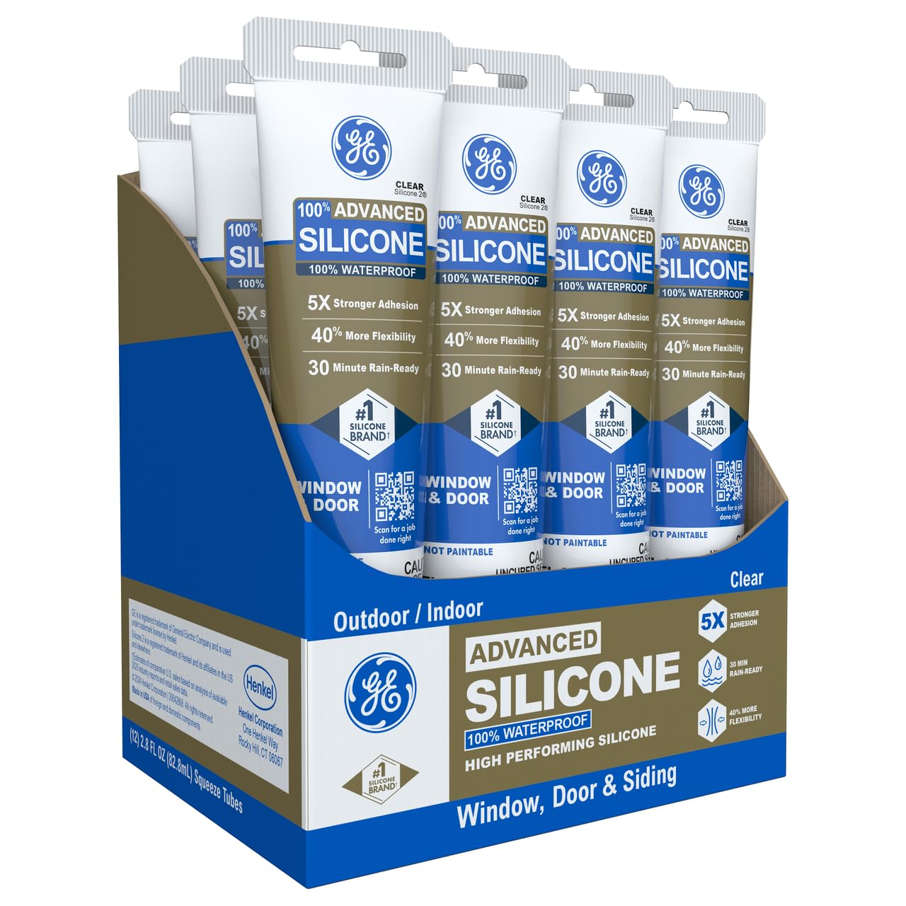 GE Advanced Silicone Caulk for Window & Door, Clear, 2.8 fl oz Tube, 12 Pack - 100% Waterproof Silicone Sealant, 5X Stronger Adhesion, Freeze & Sun Proof
