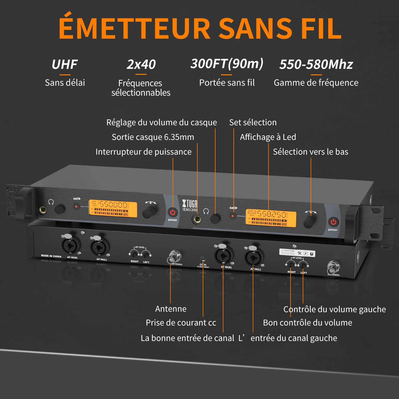 XTUGA IEM1200 - Sistema di monitoraggio wireless in Ear a 2 canali 6 Bodypacks con cuffie tipo wireless utilizzato per palcoscenico o studio, trasmissione in diretta, amplificatore per chitarra (6