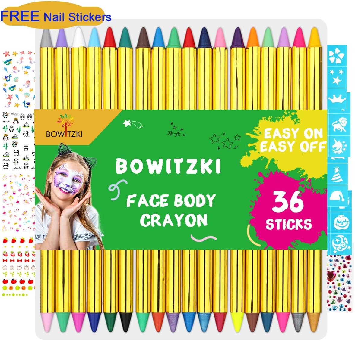Bowitzki Face Paint Crayons for Kids 36 Colors Jumbo Body Painting