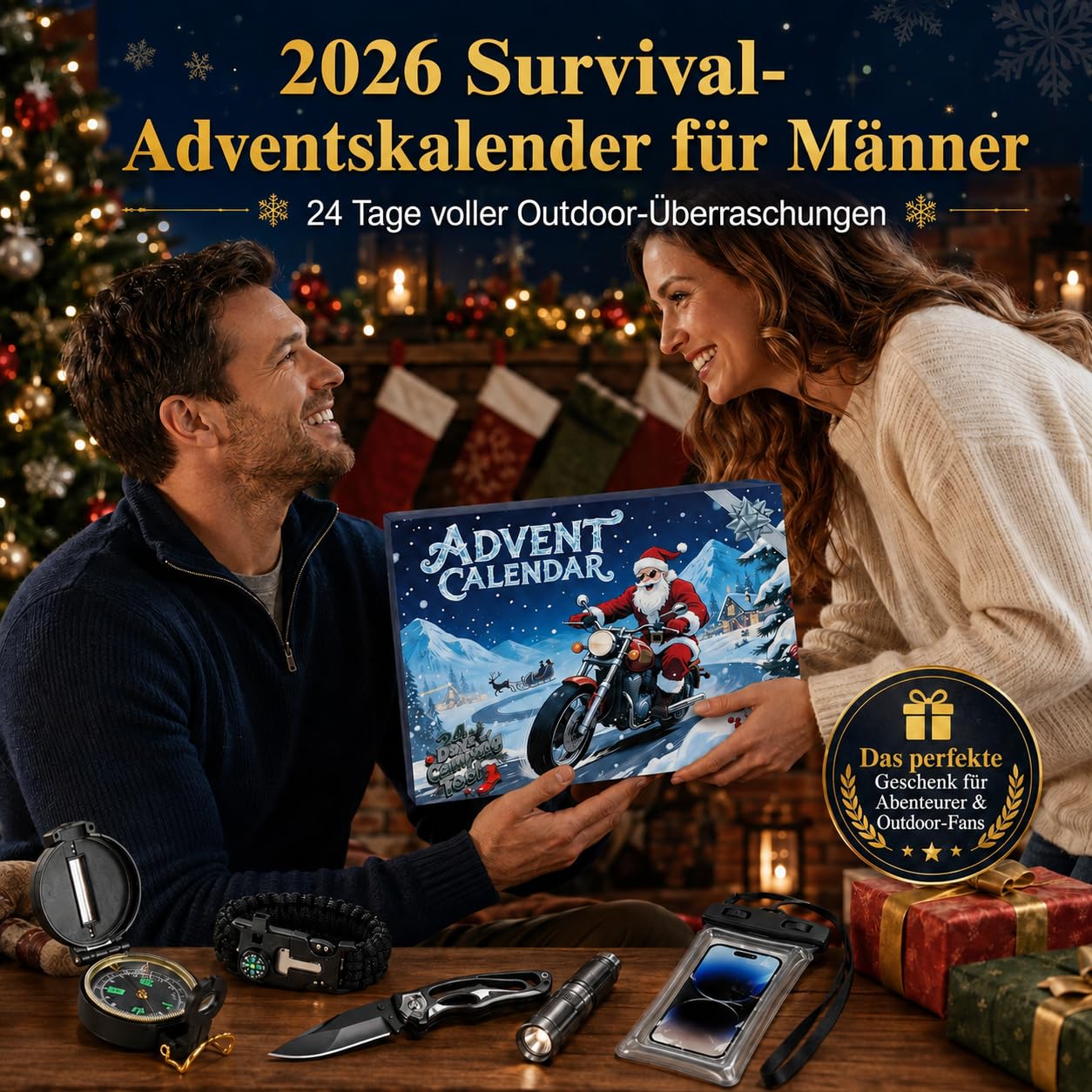 Calendario de Adviento para hombres 2026-24 días, kit de supervivencia y gadgets al aire libre, juego de supervivencia de cuenta atrás de Navidad para camping y senderismo, regalo para papá