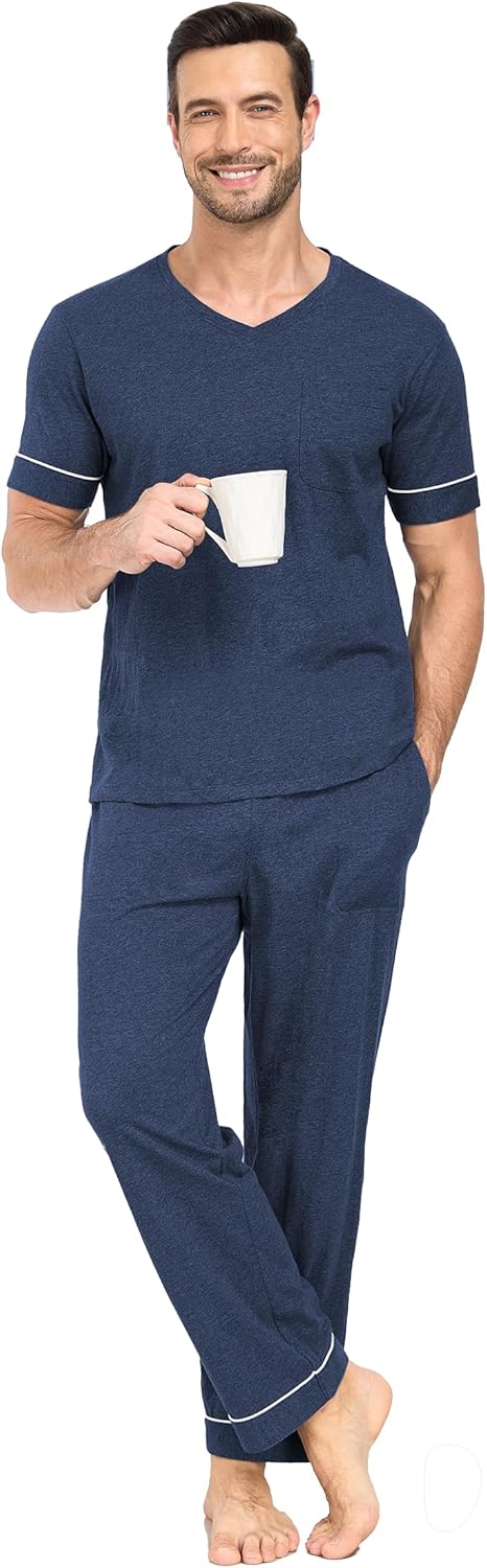 EA'S SECRET Mens Pajamas Set Short Sleeve Sleepwear 100% Cotton Nightwear Soft Comfy Pjs Sleep Set With Pocket - Image 2