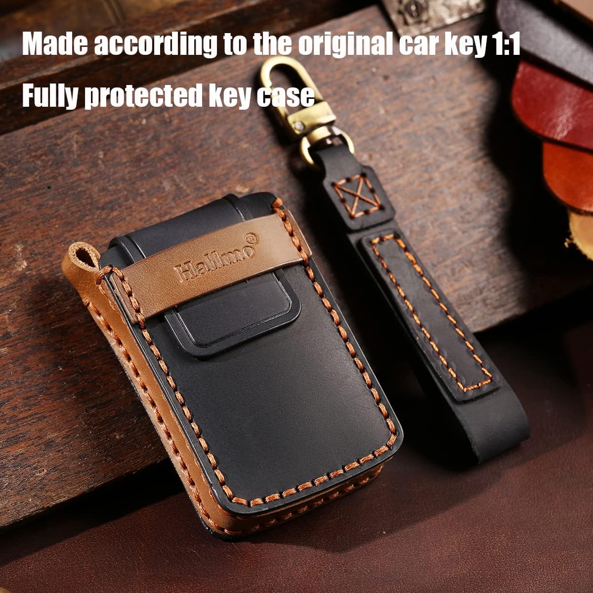 HIBEYO Key Fob Cover for Jeep Grand Cherokee Grand Wagoneer 2021 2022 Accessories with Keychians Leather Key Case Shell 6 Buttons-Black