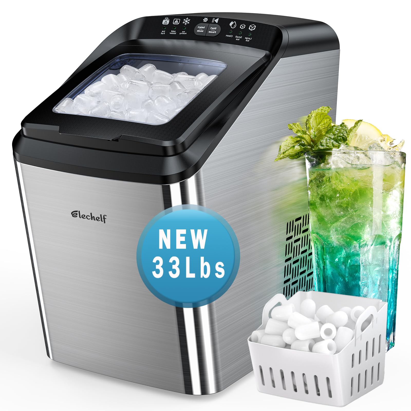 Elechelf 33Lbs/24Hrs Countertop Ice Makers Countertop,Bullet Ice Machine,Counter Ice Maker Machine,9 Pcs Cube Ready in 8-15mins with Scoop and Basket,Perfect for Home/Kitchen/Party/Office?Sliver?