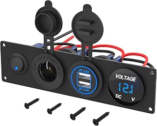4 in 1 Charger Outlet Socket Panel 12V DC 4.8A Dual USB Power Outlet & 12 Volt Cigarette Lighter Socket & LED Voltmeter & Lighted ON/Off Rocker Toggle Switch for Marine Boat Truck RV Car