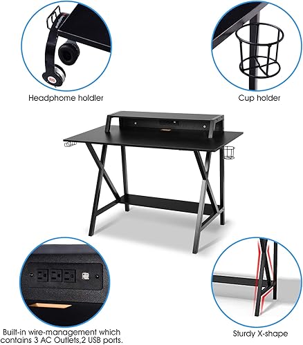 Miniatura 7 de WATERJOY Escritorio para juegos de 48 pulgadas, mesa de trabajo E-Sport con gancho para auriculares, soporte para tazas, regleta de alimentación