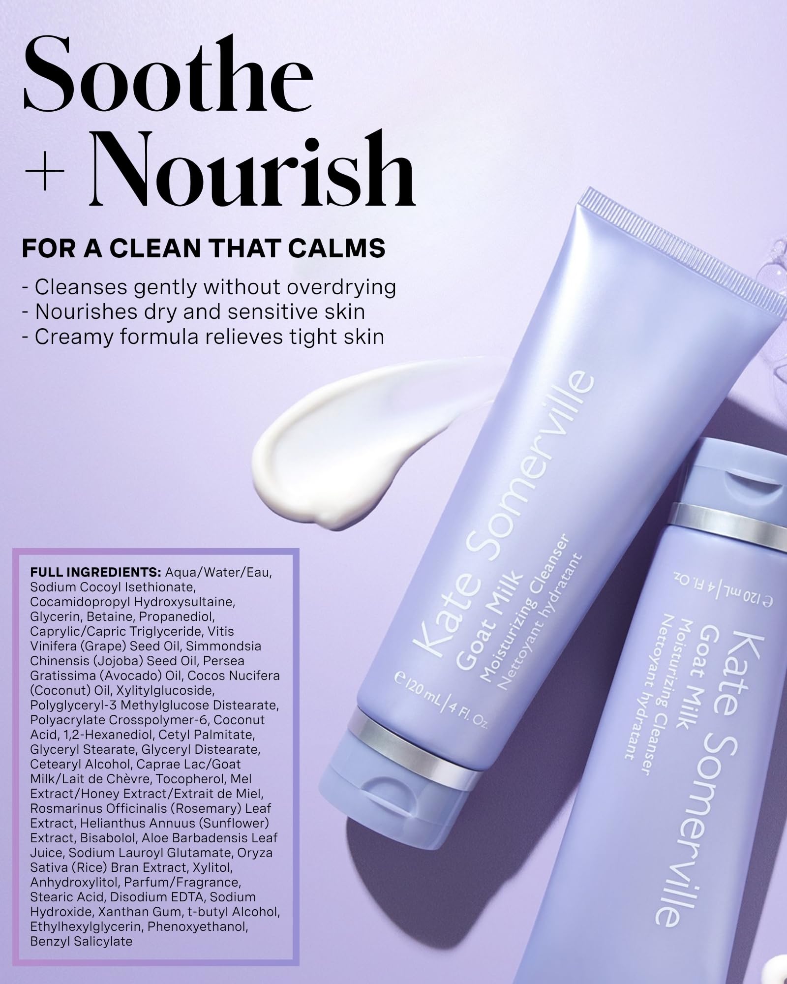 Kate Somerville Goat Milk Moisturizing Cleanser - Gentle Daily Face Wash – Creamy Hydrating Facial Treatment Suitable for Sensitive Skin, 4 Fl Oz