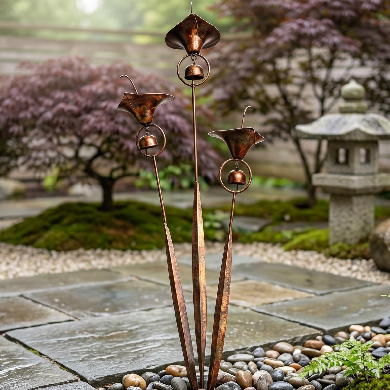 HTU Trzy kalie Lilie ogrodowe, 24-calowe metalowe kwiatowe ozdobne paliki ogrodowe z dzwoneczkami, ręcznie robione dekoracje zewnętrzne Stawki na zewnątrz Patio Yard Pathway Decor-2PCS