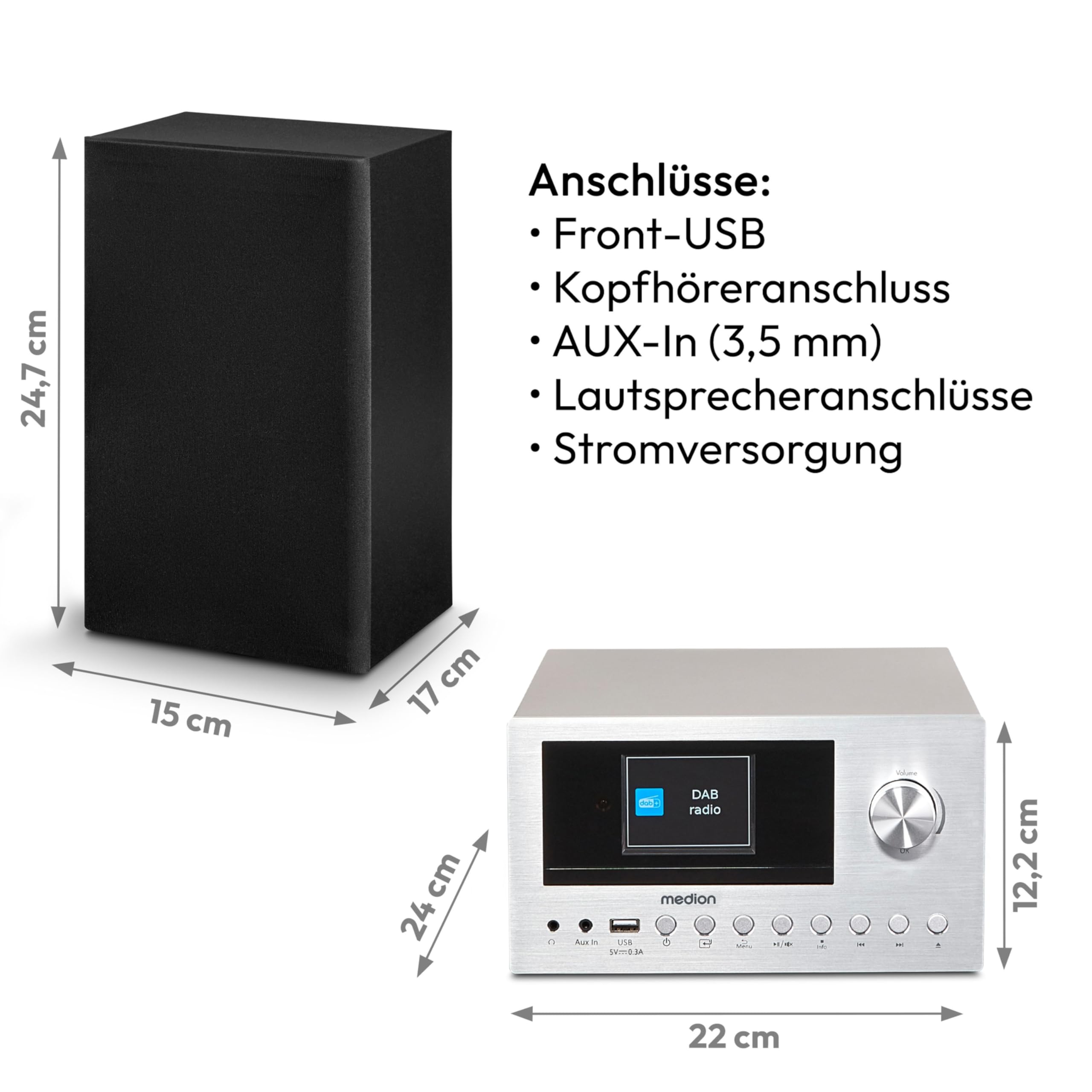 MEDION P85003 Micro Audio System Kompaktanlage (Internetradio, DAB+, PLL UKW Radio, Bluetooth, USB Anschluss, AUX, 2x150 W) Silber