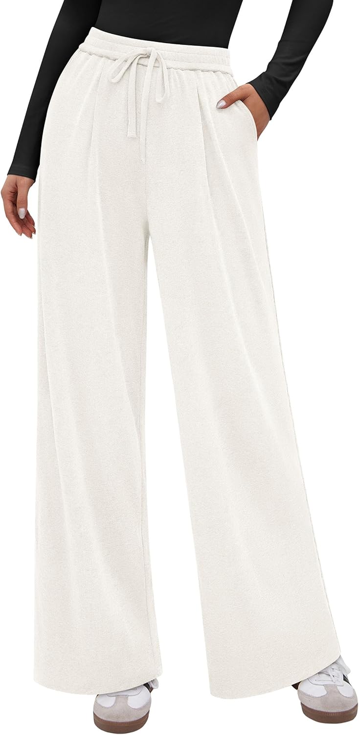 PRETTYGARDEN Women's Wide Leg Pants 2026 Fall Clothes Elastic High Waisted Knit Lounge Palazzo Pant Trousers with Pockets