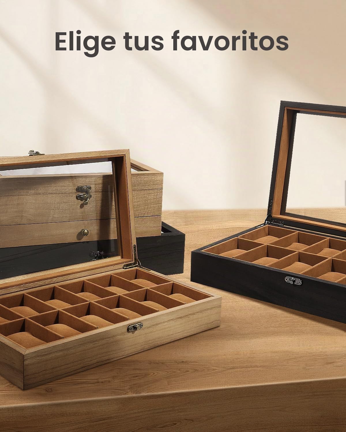 Uten Caja de Relojes con 12 Compartimentos, Caja para Reloje Madera, Tapa de Vidrio y Almohada Algodón Seda, Forro Marrón, para Exhibición y Almacenamiento de Relojes Joyería, Regalo Ideal